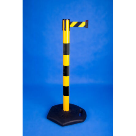 Słupek ostrzegawczy żółto-czarny z taśmą 3m lub 3,6m, słupek przemysłowy z taśmą